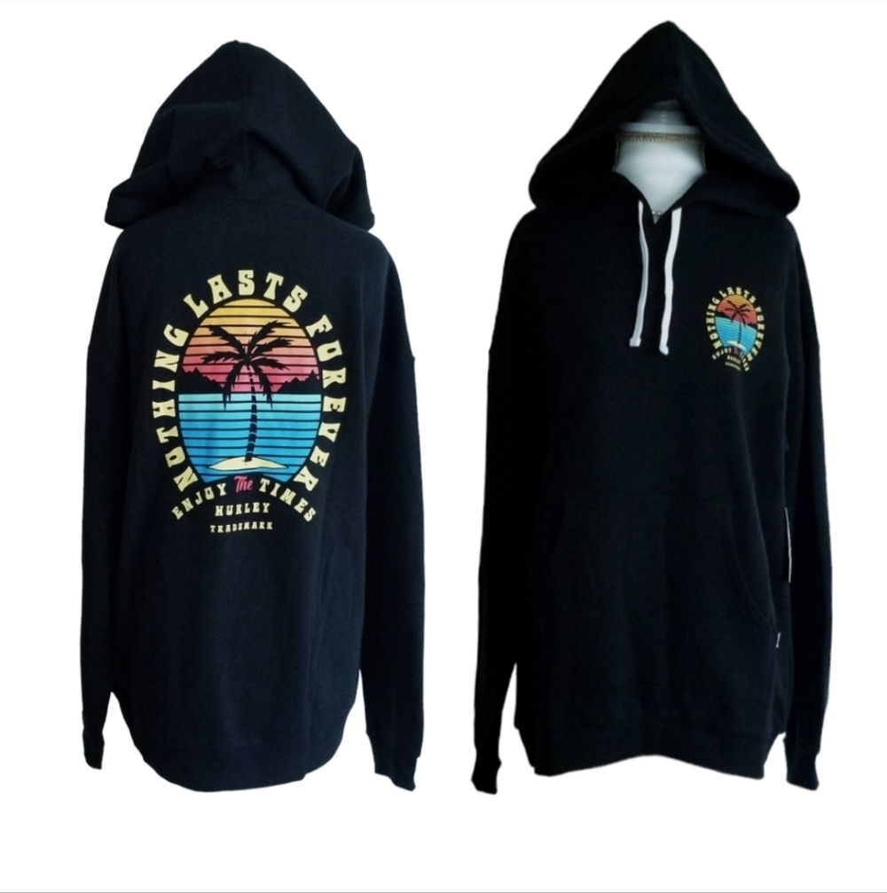 NWT HURLEY Black Tropical Graphic Print Drop Shoulder Hoodie